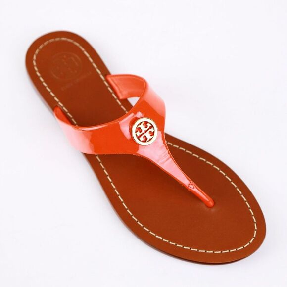 Tory Burch CAMERON Patent Leather Thong Fire Orange 5.5 - Picture 9 of 11